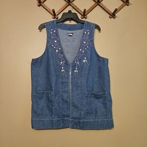 Vintage Denim Vest Cactus California Rhinestone Lace Applique Medium Made in USA